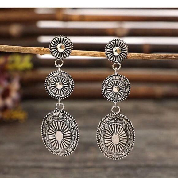 Vintage Bohemian Tripple Western Geometric Patchwork Alloy Earrings - Picture 2 of 8